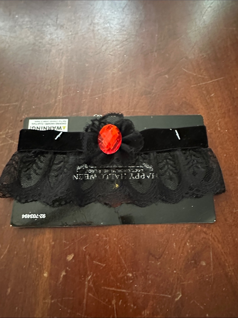 Black Lace Choker Necklace with Red Gem Accent